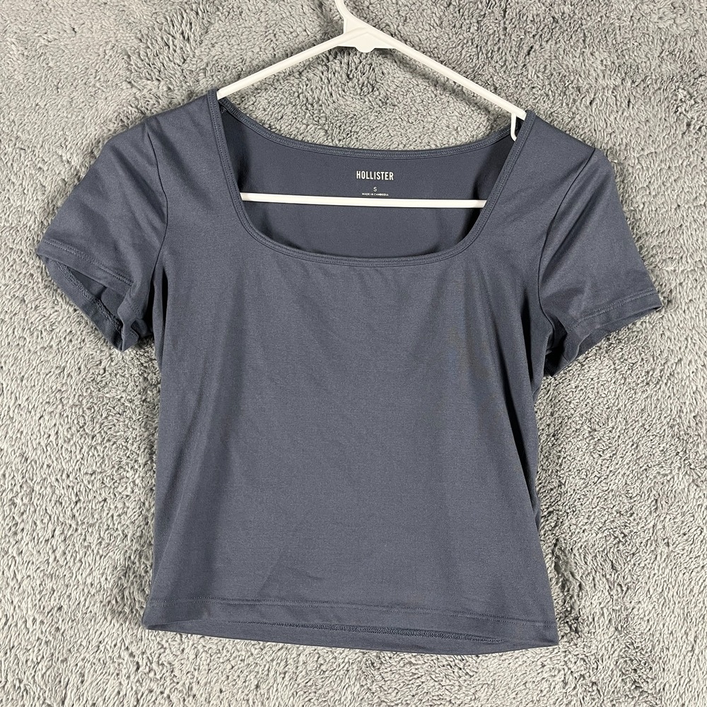 Hollister Crop Top Womens Small Gray Stretch Square Neck Everyday Chic Pullover